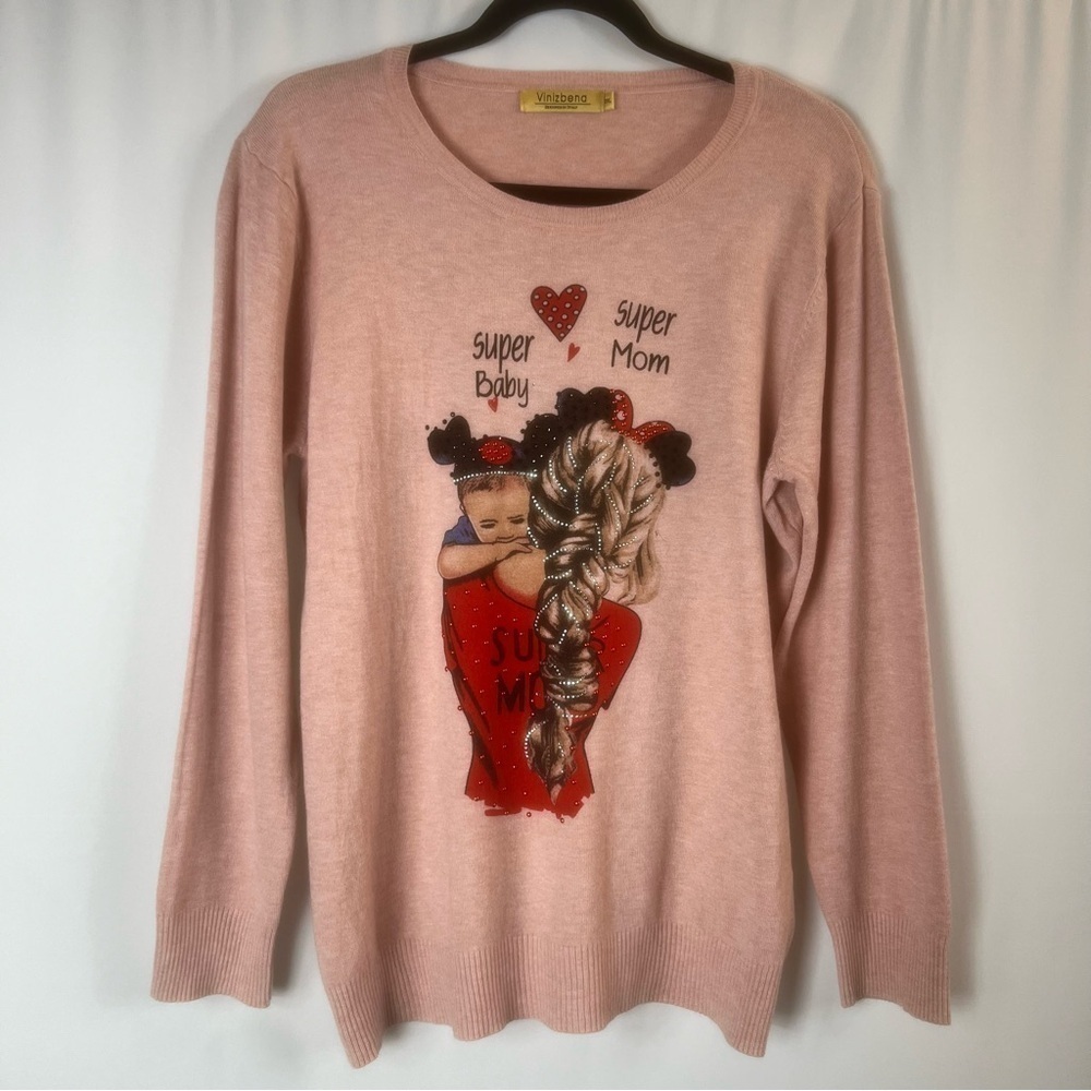 Disney Ears Designed in Italy Pink Sweater Super Mom Super Baby Size 3XL EUC (L)
